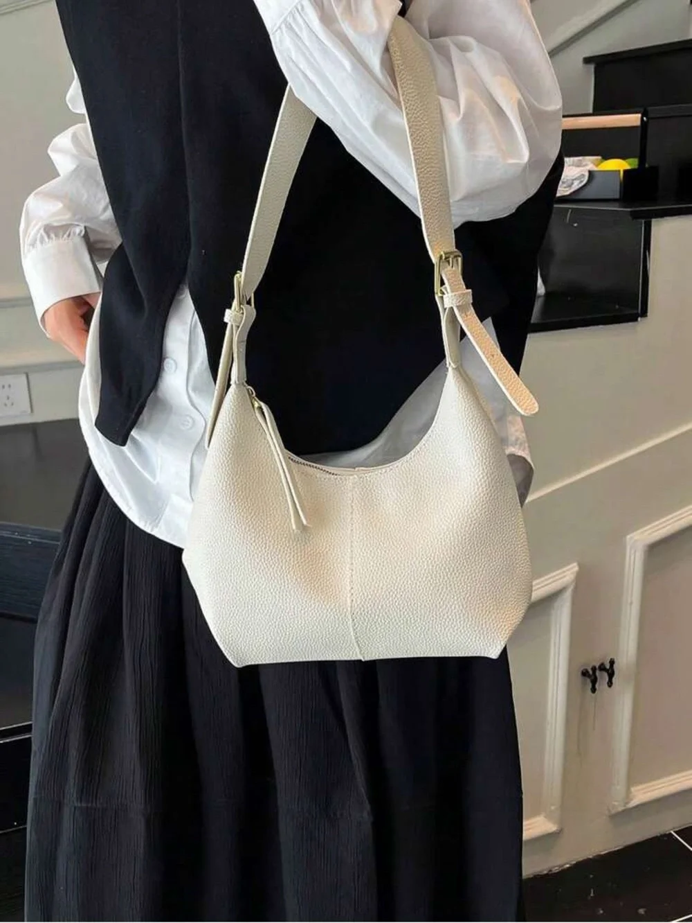 Cream Pebbled Leather Shoulder Bag